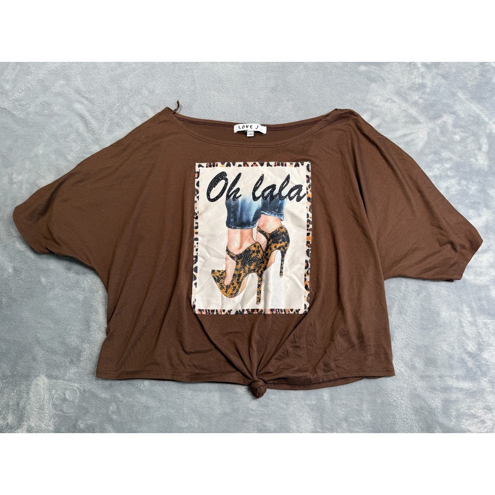 Love J Oh La La Rhinestone Bling Crop Top Womens Large Brown Graphics Knot Hem